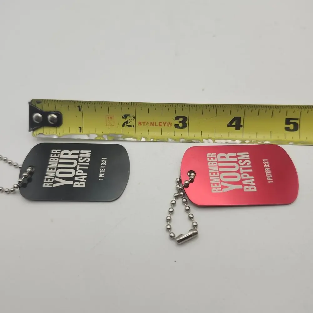 Remember Your Baptism 2pc Dog Tag Keychain Set 1 Peter 3:21 Christian Black Red